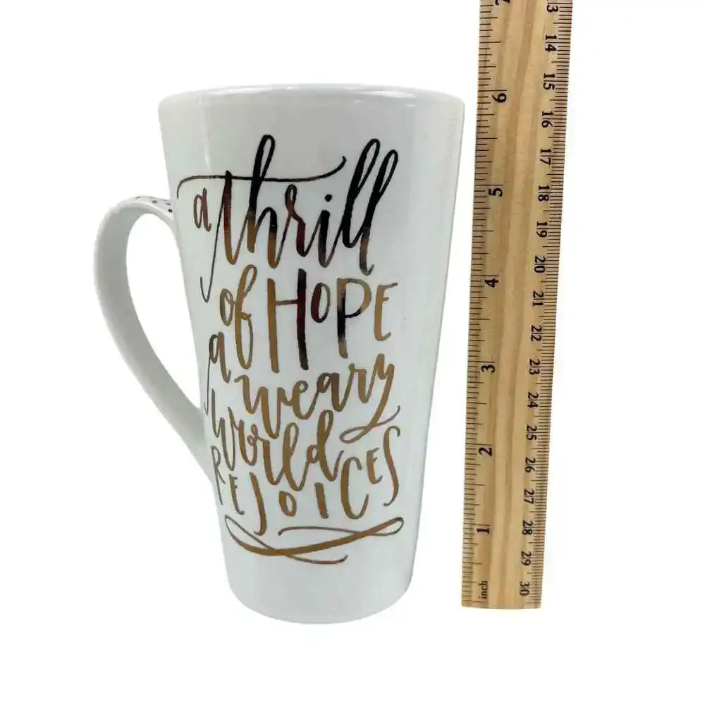 PIER 1 Stoneware Coffee Mug A Thrill of Hope Weary World Rejoices Gold Christmas